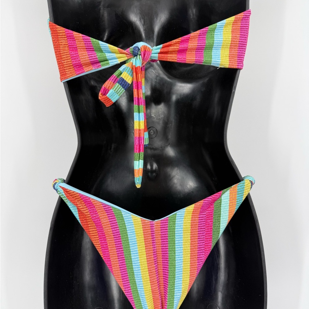 Skatie Cher Bandeau Top & Suzanne Bottom in Metallic Rainbow Stripe | Medium - Picture 5 of 7